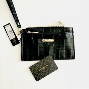 NWT London Fog Danica Croco Wristlet Double Pouch in Black & Gold. New.